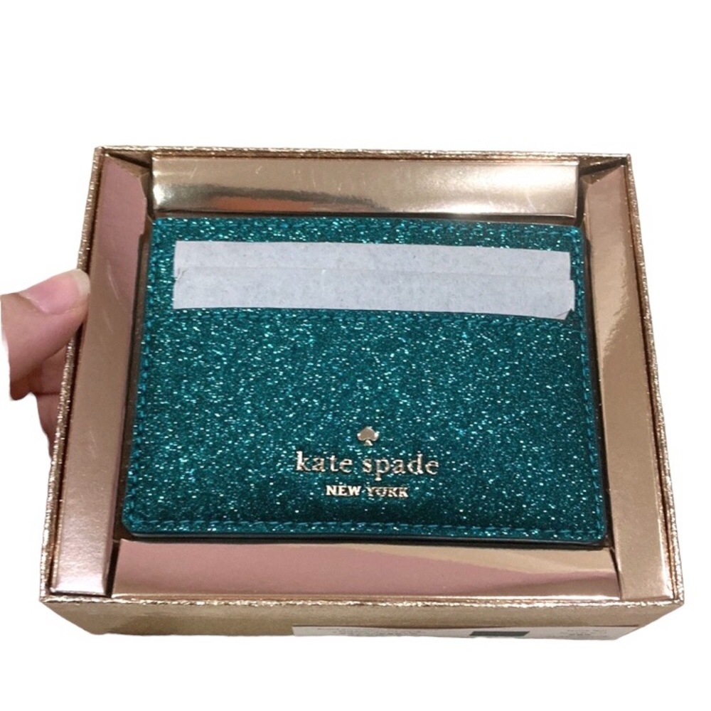 NWT Kate Spade Festive Teal Sparkle Glitter Boxed Small Slim Card Holder Wallet
